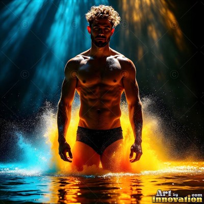 A man is standing waist-deep in water as powder splashes under blue and yellow light