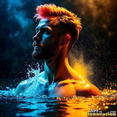 A man with bright orange hair rests in dark water lit by blue and warm light