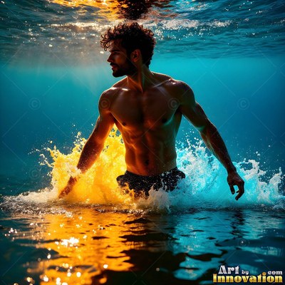 Wading through water, a shirtless man creates splashes of yellow and blue