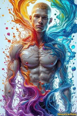 A shirtless man covered in splashing blue and orange liquid paint