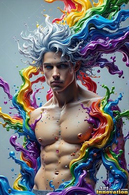 Pale blue hair frames a shirtless man in a simple studio surrounded by colorful splashes