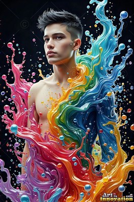 A shirtless man stands as swirls of blue and pink paint splash around his body