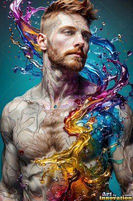 Turned to the side in a blue studio, a shirtless man covered in swirls of liquid color