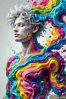 A pale man with eyes closed dissolves into thick swirls of rainbow paint