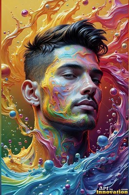 In a bright studio, a man looks forward covered in splashes of colorful paint