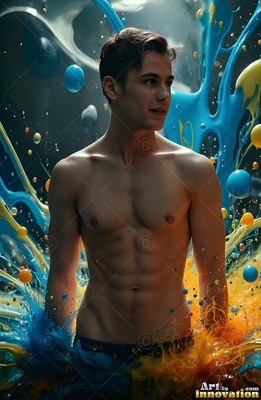 Standing shirtless, a young man is surrounded by splashes of blue and yellow paint