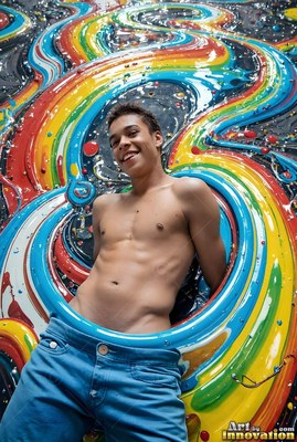 A smiling shirtless man emerges from swirls of thick colorful paint