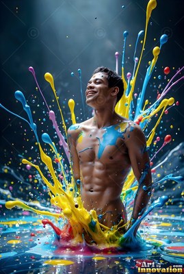 A smiling shirtless man with blue paint on his chest rises from a burst of colorful paint