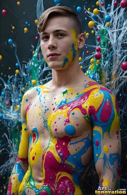 A shirtless young man stands looking forward as yellow, blue and pink paint drips across his skin