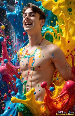 Smiling and leaning back in a studio, a shirtless man covered in splashes of paint