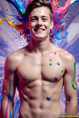 A smiling shirtless young man splashed with bright blue and pink paint