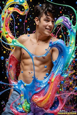 Smiling against a dark backdrop, a shirtless man is splashed with blue and pink paint