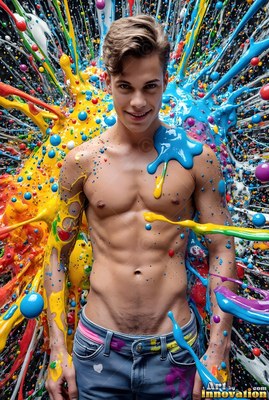 A smiling shirtless man with blue and yellow paint splashing on him