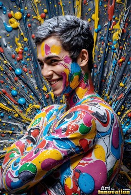 Slicked with bright splashes of paint, a smiling man poses before a gray splattered wall