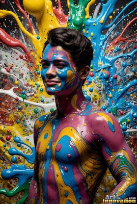 A man smiles as glossy paint splashes behind him in thick yellow and blue drips