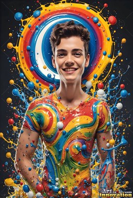 Facing forward in a studio, a smiling young man is covered in colorful paint splashes