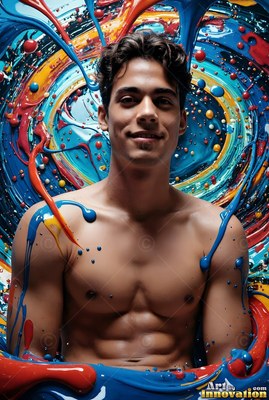 A smiling shirtless man stands in front of swirling blue and red paint splashes