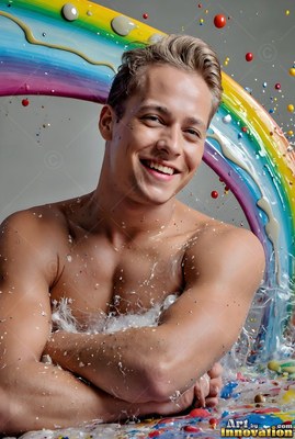 In a photo studio, a smiling bare-chested man rests under an arch of bright paint