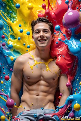 Smiling shirtless, a young man leans back into splashing yellow, red, and blue paint