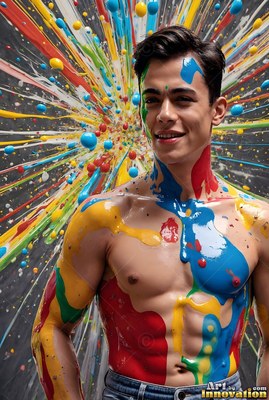 Smiling man covered in colorful wet paint splashing behind him