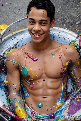 A smiling shirtless man lies covered in colorful paint inside a round tub outdoors