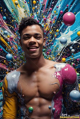A smiling man poses as glossy pink and blue paint droplets explode behind him