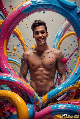 Facing forward in a studio, a smiling shirtless man is framed by blue paint loops