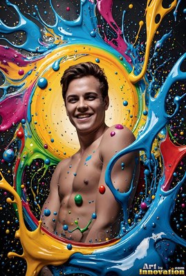 A smiling shirtless man stands inside a splash of bright blue and yellow paint