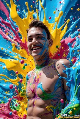 In bright sunlight, a smiling shirtless man is splashed with yellow paint