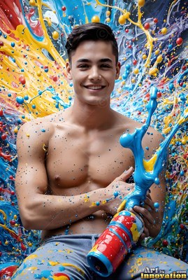 Smiling shirtless, a young man holds a bottle with thick blue paint splashing into the air