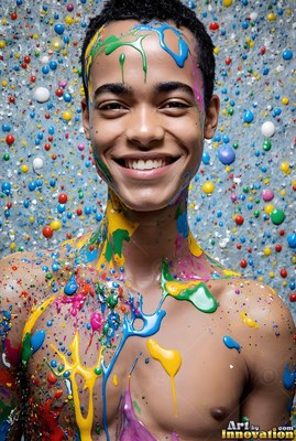 Smiling young man splashed with dripping blue and yellow paint