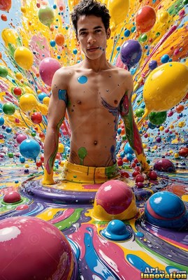 Bare-chested and flecked with paint, a young man rises out of a pool of colorful bursting bubbles