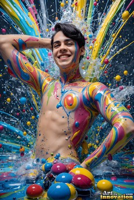 A smiling man rests his hands behind his head as blue and yellow paint splashes around him