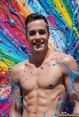 Facing forward, a smiling shirtless man stands before splashed blue and pink paint