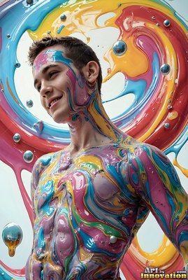 Smiling upward, a shirtless young man stands coated in swirling pink and blue paint