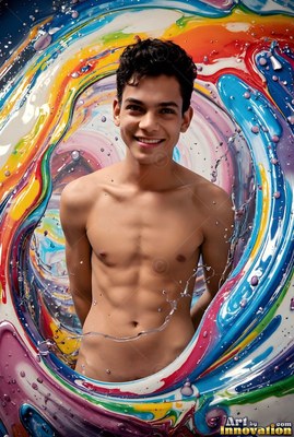 Smiling shirtless man framed by swirls of blue and red paint