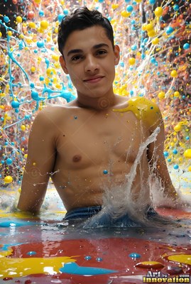 Yellow paint on his bare shoulder, a smiling young man sits in colorful water surrounded by flying paint drops