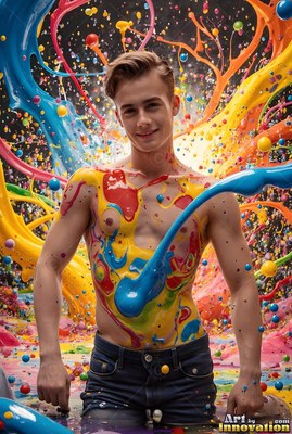 A young man is standing smiling as thick red and blue paint splashes across his chest