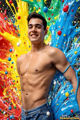 Turned toward the camera in a studio, a shirtless man smiles before splashes of paint