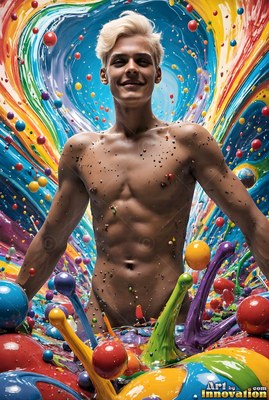 A smiling blond man stands chest-deep in splashes of colorful paint and glossy balls