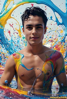 In a pool of liquid color, a shirtless young man stands in splashes of blue and yellow paint