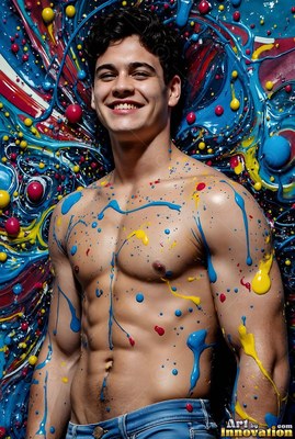 Smiling brightly, a shirtless man stands splattered with thick blue and yellow paint