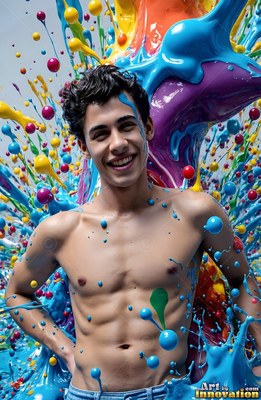 Smiling shirtless man splashed with blue and colorful paint drops