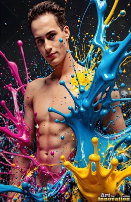 Bare-chested man surrounded by flying splashes of bright blue, pink, and yellow paint in a dark studio
