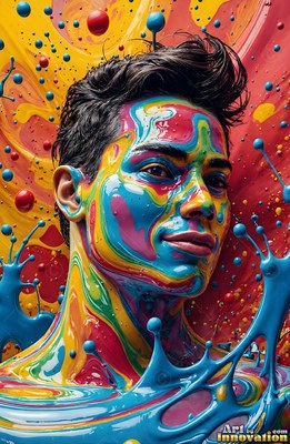 A man smiles as glossy blue and yellow paint splashes around his shoulders