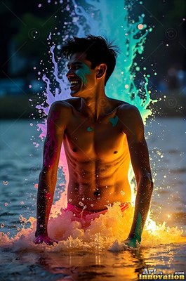 Turned sideways, a smiling man sits in shallow water as colorful splashes rise behind him