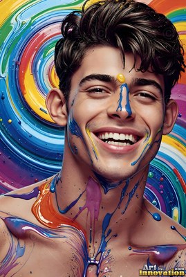 A smiling man with blue and orange paint splashed on his skin