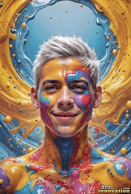 In front of swirling yellow paint, a smiling man is covered in colorful splashes