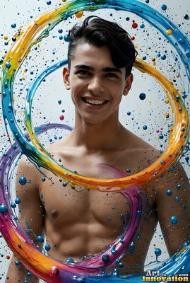 Smiling forward, a shirtless man is circled by rings of yellow and blue paint