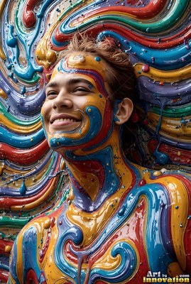 A smiling young man covered in swirls of thick colorful paint